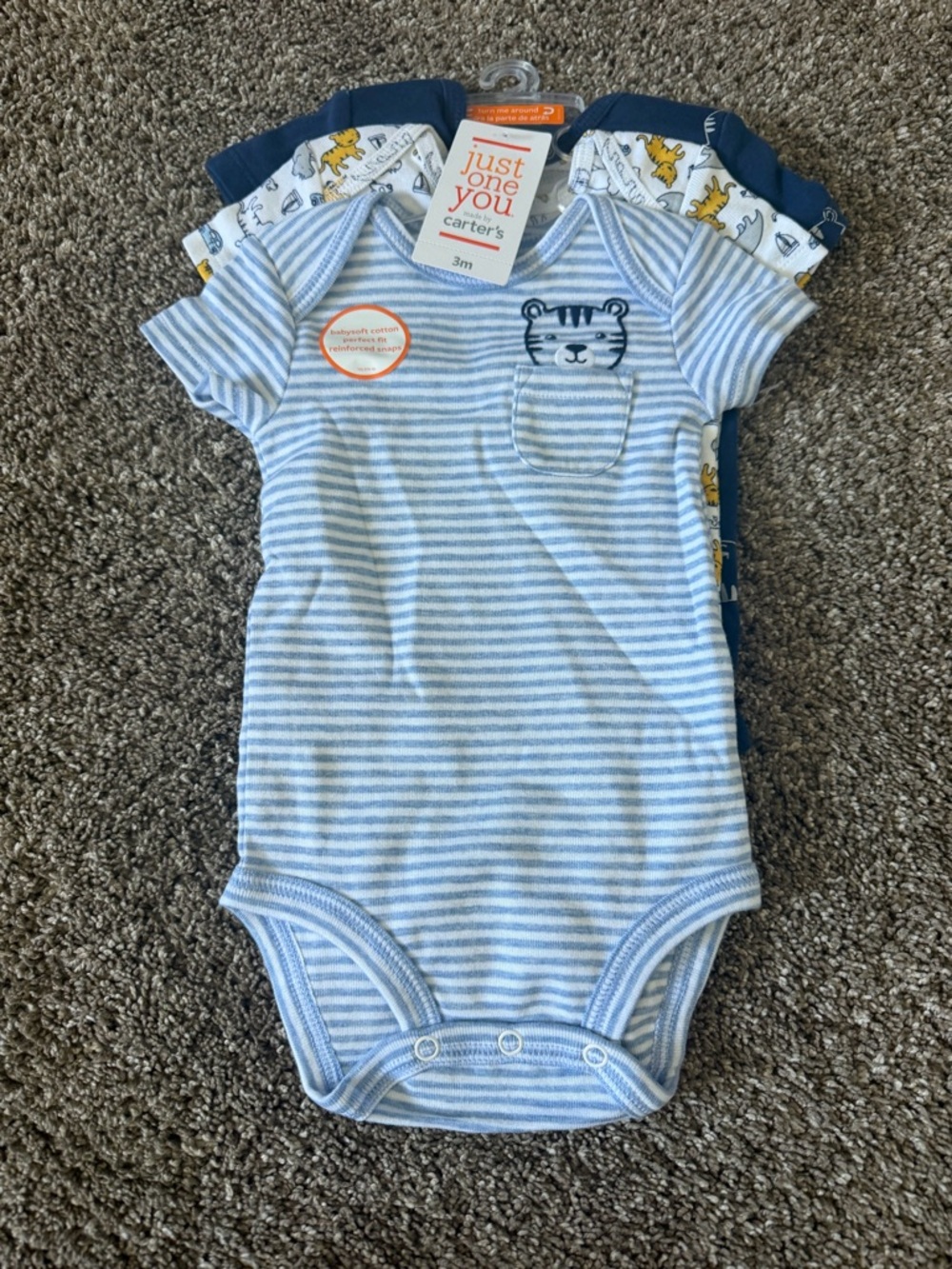 Carter's Light Blue & White Striped Onesie with Tiger Pocket